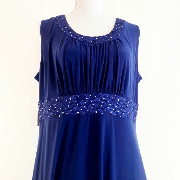 Vintage Kathy Roberts Blue Empire Waist Party Dress with Lace Sequin Accents - Picture 2 of 10